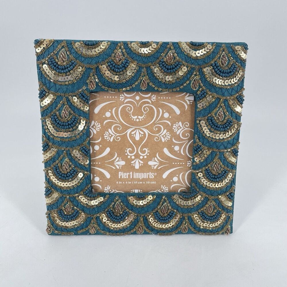 Pier 1 Imports Beaded Sequin Photo Frame 4x4 Teal Gold Boho Square 6.5”